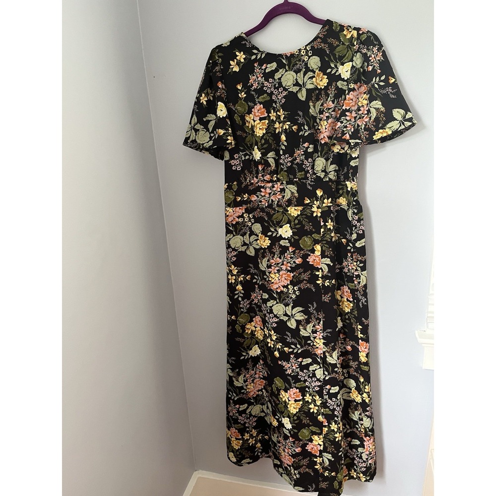 Sugarlips Women's Midi Dress Size L Black Floral Smocked Waist Cap Sleeve A-Line
